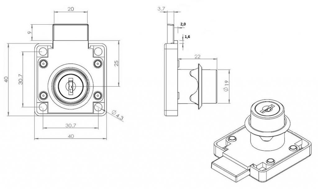 Drawer lock for locking furniture, drawers, lockers and much more from SISO, Denmark, articles 14.01.052 and 14.01.065