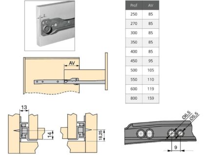 Roller Slide Guides 4389225, Partial Extension, Grey Metallic, RAL 9022, Lacquered, 600 mm, by EMUCA. Assembly drawing