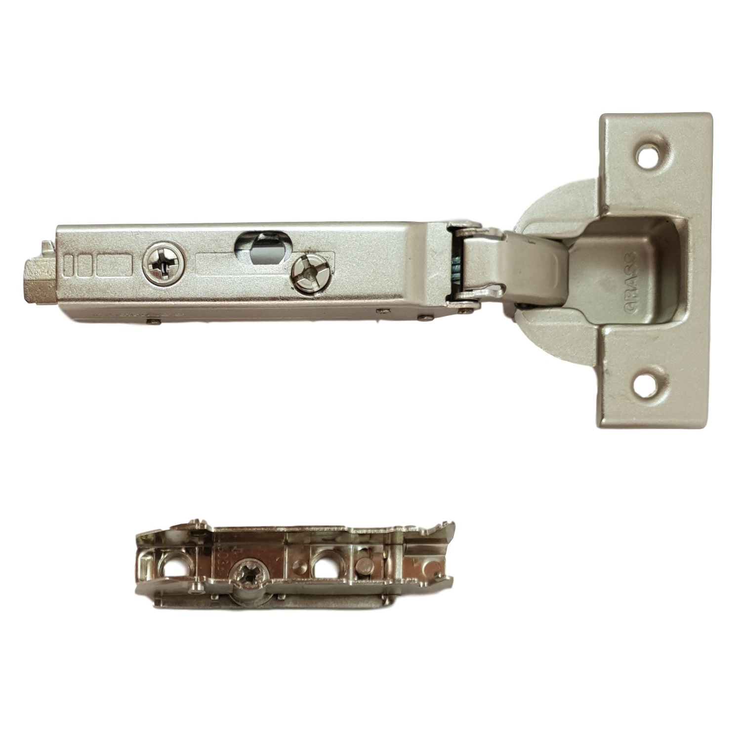 GRASS Tiomos 110° furniture hinge with damping (4 drilling patterns to choose from), incl. straight mounting plate. Pot belt, hinge: 6065 G, 6064 B, 6067 S, 6066 H