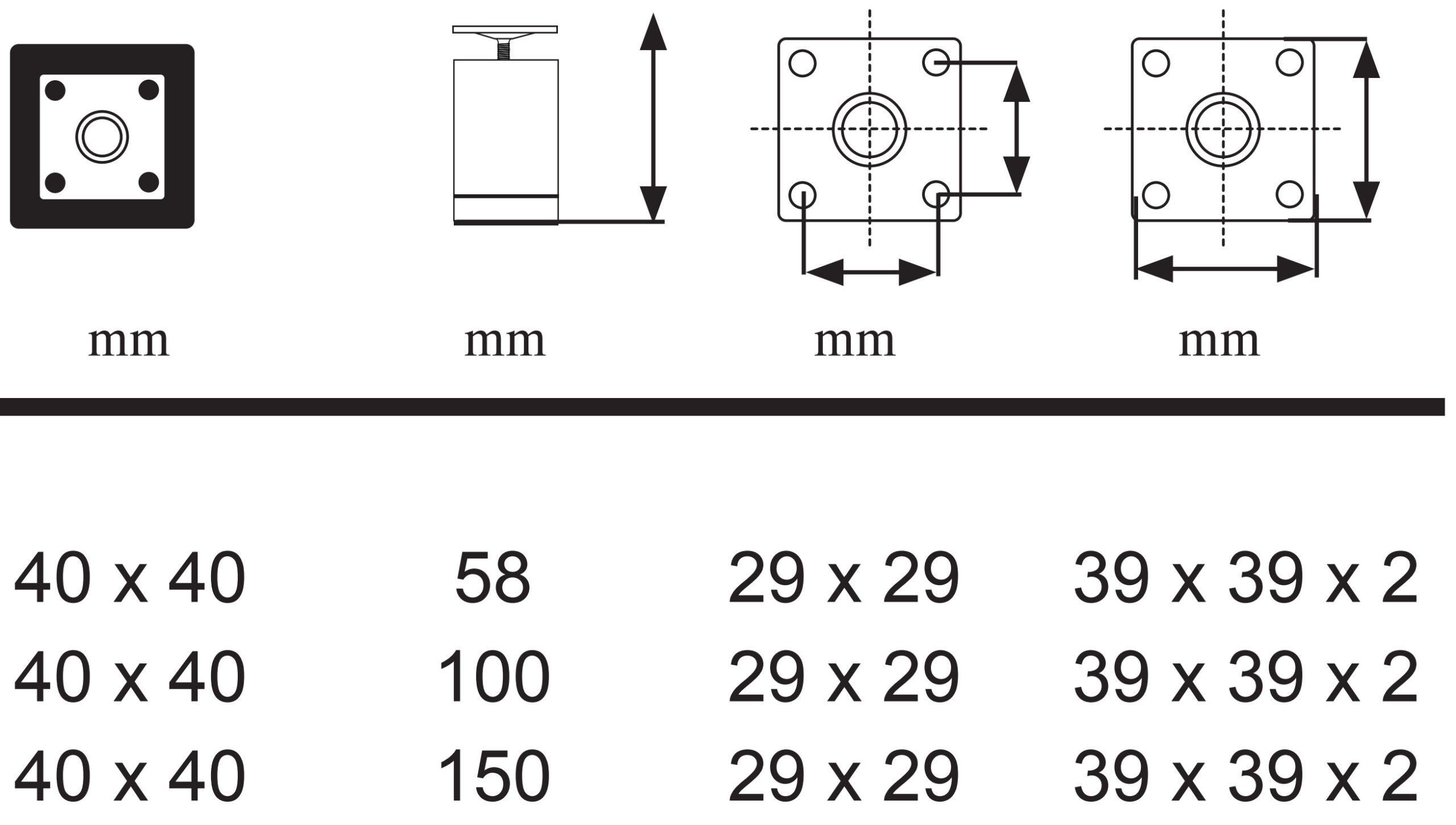 Design Furniture Feet Set Of 4 Square Profile 40 X 40mm Color Alu Silver Made Of Aluminum 3 Sizes Including Screw On Plate