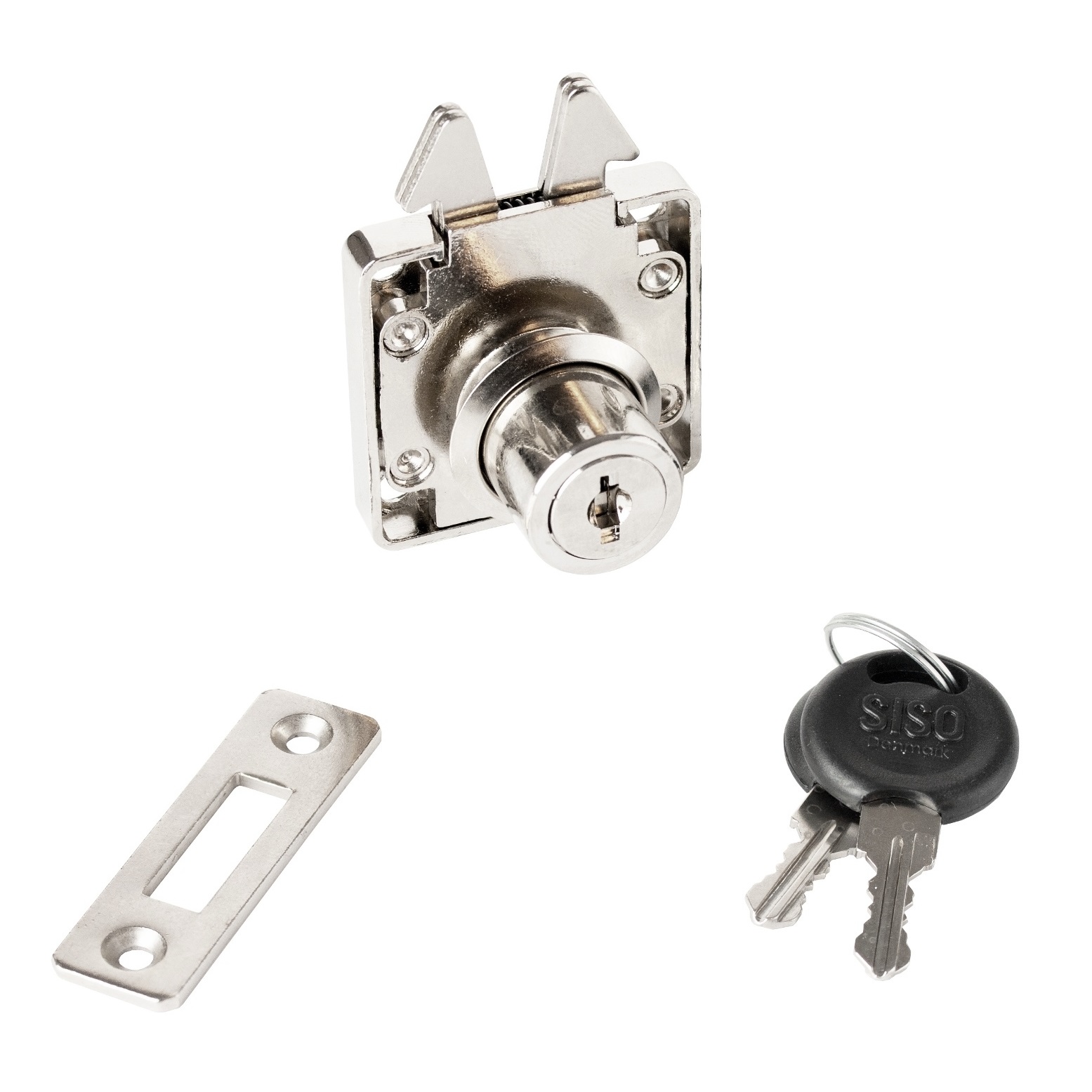 High-quality screw-on roller shutter lock, surface: nickel-plated, version: keyed alike, 14.01.460-5. Sliding door lock for roller shutters, furniture sliding doors and much more, by SISO Denmark