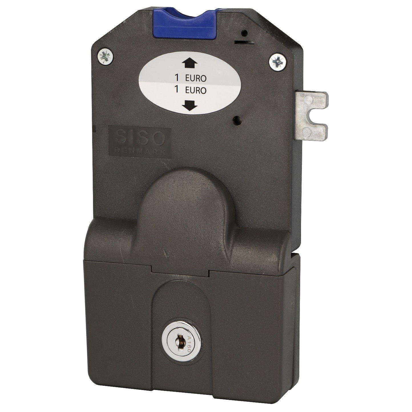 Payment coin lock with coin container for 1 euro coin, design: right-hand-closing, 14.60.249-1.