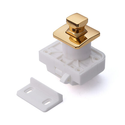 High-quality snap fastener with handle function, made of brass, surface: gold-coloured, glossy polished, version: square, TLP-S-BB-G and TLP-LBM(W). Solid snap fastener for yacht and much more, by Sugatsune / LAMP® (Japan)