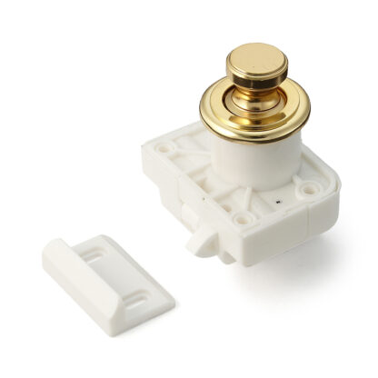 High-quality snap fastener with handle function, made of brass, surface: gold-coloured, glossy polished, version: round, TLP-G and TLP-LBM(W). Solid snap fastener for caravan, yacht and much more, by Sugatsune / LAMP® (Japan)