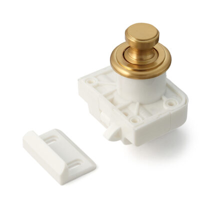 High-quality snap fastener with handle function, made of brass, surface: gold-coloured, satin-finished matt, finish: round, TLP-SG and TLP-LBM(W). Solid snap fastener for caravan, yacht and much more, by Sugatsune / LAMP® (Japan)