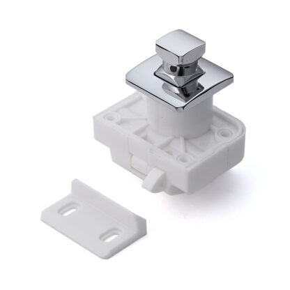 High-quality snap fastener with handle function, made of brass, surface: chrome-plated, version: square, TLP-S-BB-CR and TLP-LBM(W). Solid snap fastener for yacht and much more, by Sugatsune / LAMP® (Japan)