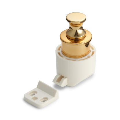 High-quality snap fastener with handle function, made of zinc alloy (ZDC), surface: gold-coloured, glossy polished, PKL-08/GA and PKLW. Solid snap fastener for caravan, yacht and much more, by Sugatsune / LAMP® (Japan)