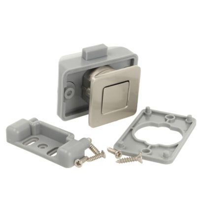 High-quality snap fastener with soft-close and handle function, made of zamak, surface: stainless steel look, finish: square, 14.03.067-0. Solid snap fastener for caravan, yacht, private plane and much more, by SISO Denmark