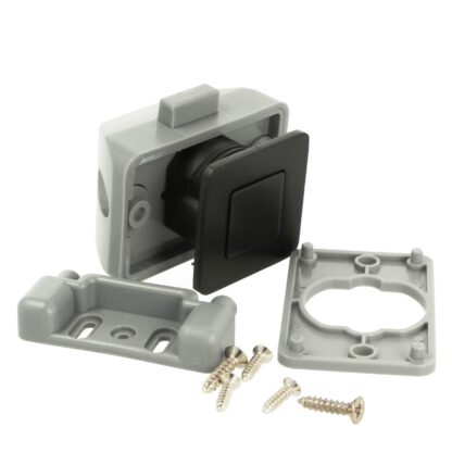 High-quality snap fastener with soft-close and handle function, made of zamak, surface: black, finish: square, 14.03.066-0. Solid snap fastener for caravan, yacht, private plane and much more, by SISO Denmark