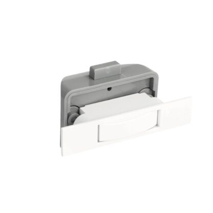 High-quality snap fastener with soft-close and handle function, made of Zamak, surface: white, finish: rectangular, 14.03.045-0.