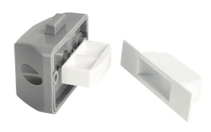 High-quality snap fastener with soft-close and handle function, made of Zamak, surface: white, finish: rectangular, 14.03.045-0. - Image 2