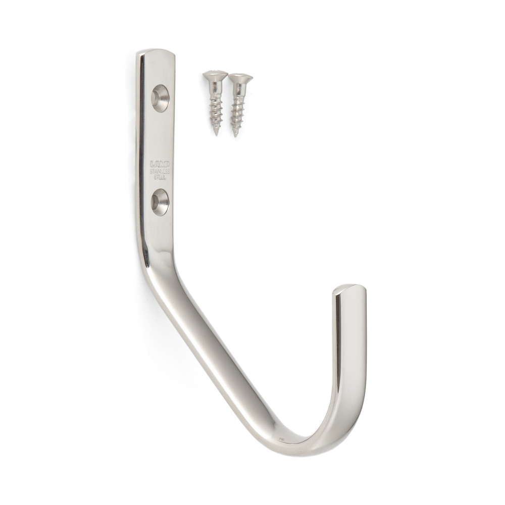 High-quality large universal hook with extra distance to the wall, made of stainless steel, surface: glossy polished, 80 mm (3.2"), JF80M. V2A towel hook for shipbuilding, outdoor and much more, by Sugatsune / LAMP® (Japan)