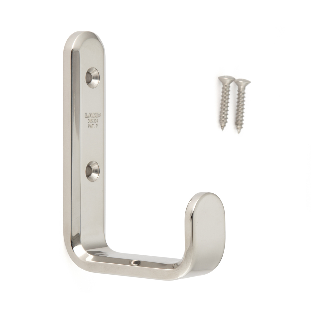 High-quality large universal hook, rectangular, made of stainless steel, surface: glossy polished, 115 mm (4.6"), XL-SF-115-M. V2A towel hook for humid environment, shipbuilding, outdoor and much more, by Sugatsune / LAMP® (Japan)