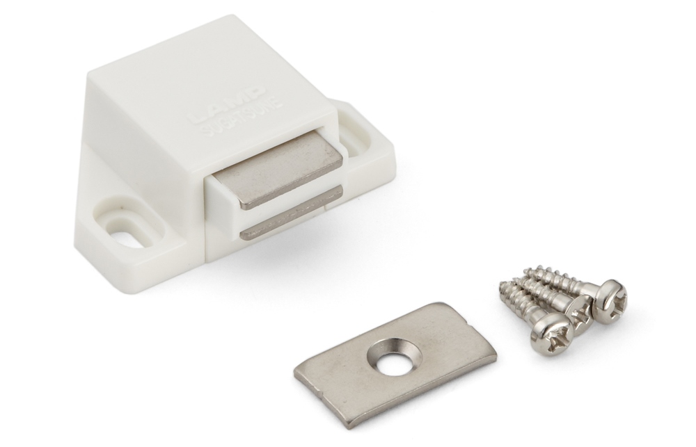 2 pieces of compact magnetic snap latches, incl. counter plate, surface: white, 25 mm (63/64"), ML-30SW. Space-saving push-to-open door opener for furniture doors, cabinet doors and much more, by Sugatsune / LAMP® (Japan) - Image 3