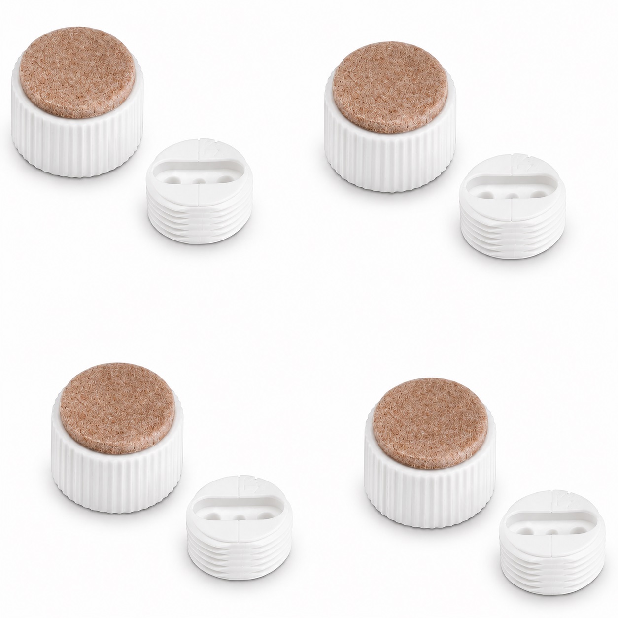 4 pieces of robust furniture adjuster, load capacity: 600 kg (1323 lbs), surface: white, ⌀25 mm (63/64"), version: with felt pad, B573-25-WH. Adjustable base for furniture, table, cabinet, table legs and much more, by Kojima (Japan)