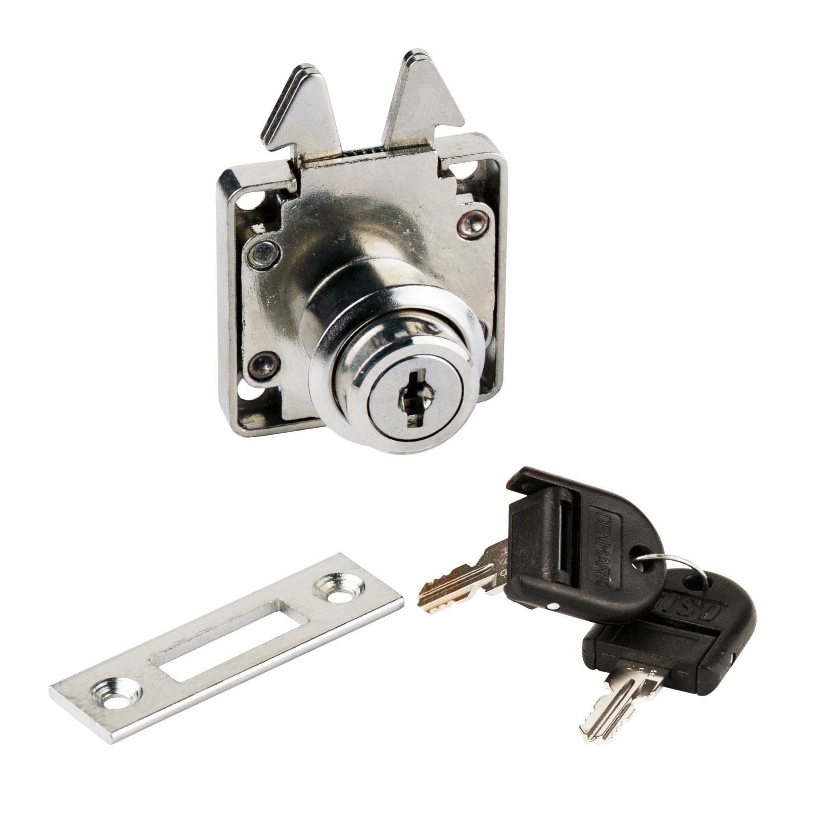 High-quality roller shutter lock with hinged keys, surface: nickel-plated, version: multi-keying, 14.01.453-0. Sliding door lock for roller shutters, sliding doors and much more, by SISO Denmark