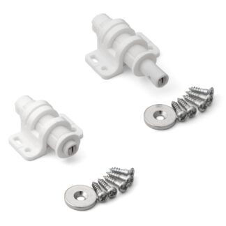 2 pieces round magnetic snap flap with adjustment option, incl. counter plate, surface: white, MC-25WT. Push-to-open door opener for furniture doors, cabinet doors and much more, by Sugatsune / LAMP® (Japan)