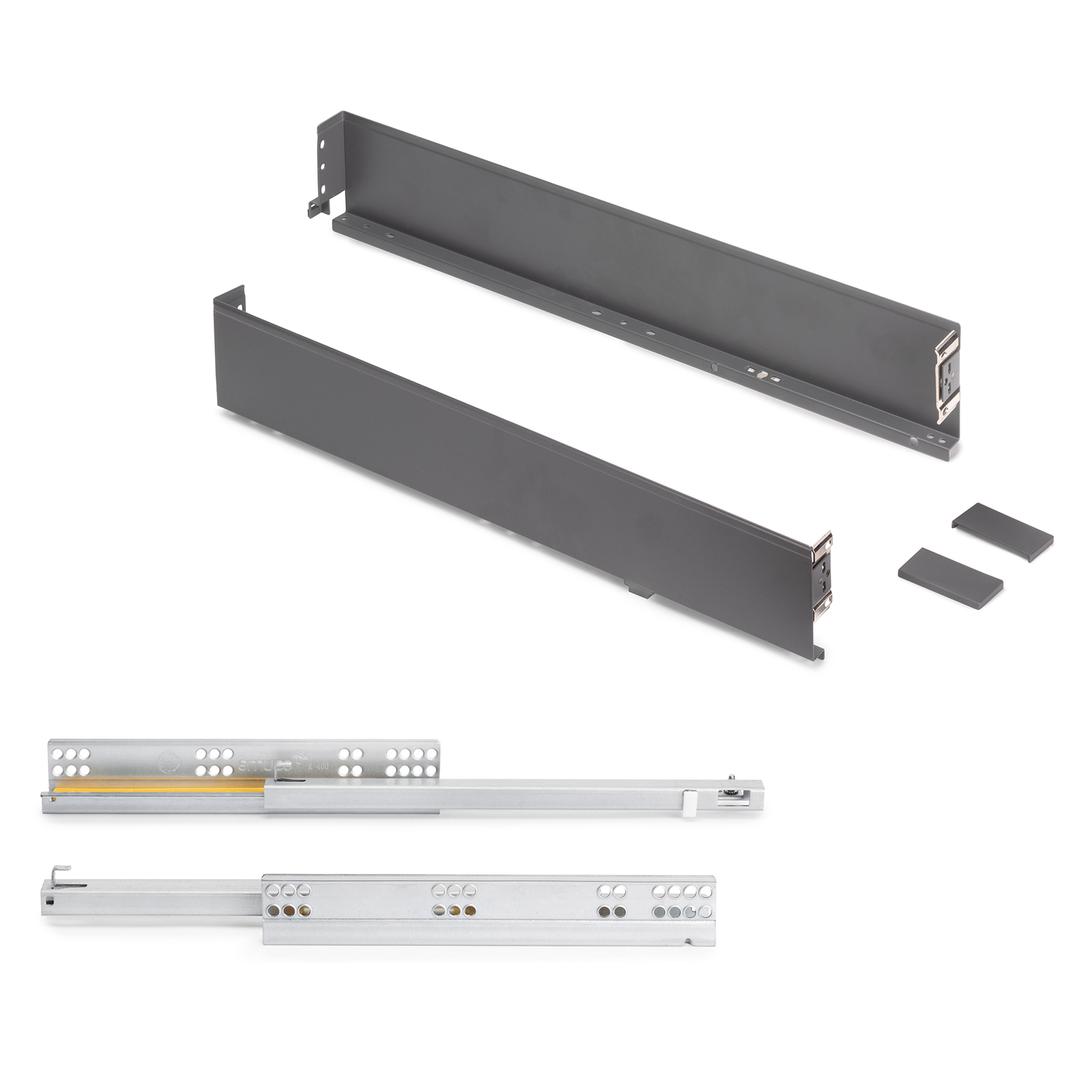 Drawer set, with extra thin frames, height: 88 mm (3-15/32"), surface: anthracite grey, 500 mm (19-11/16"), version: partial pull-out with soft-close, 3275435. drawer set for kitchen furniture and much more, by EMUCA