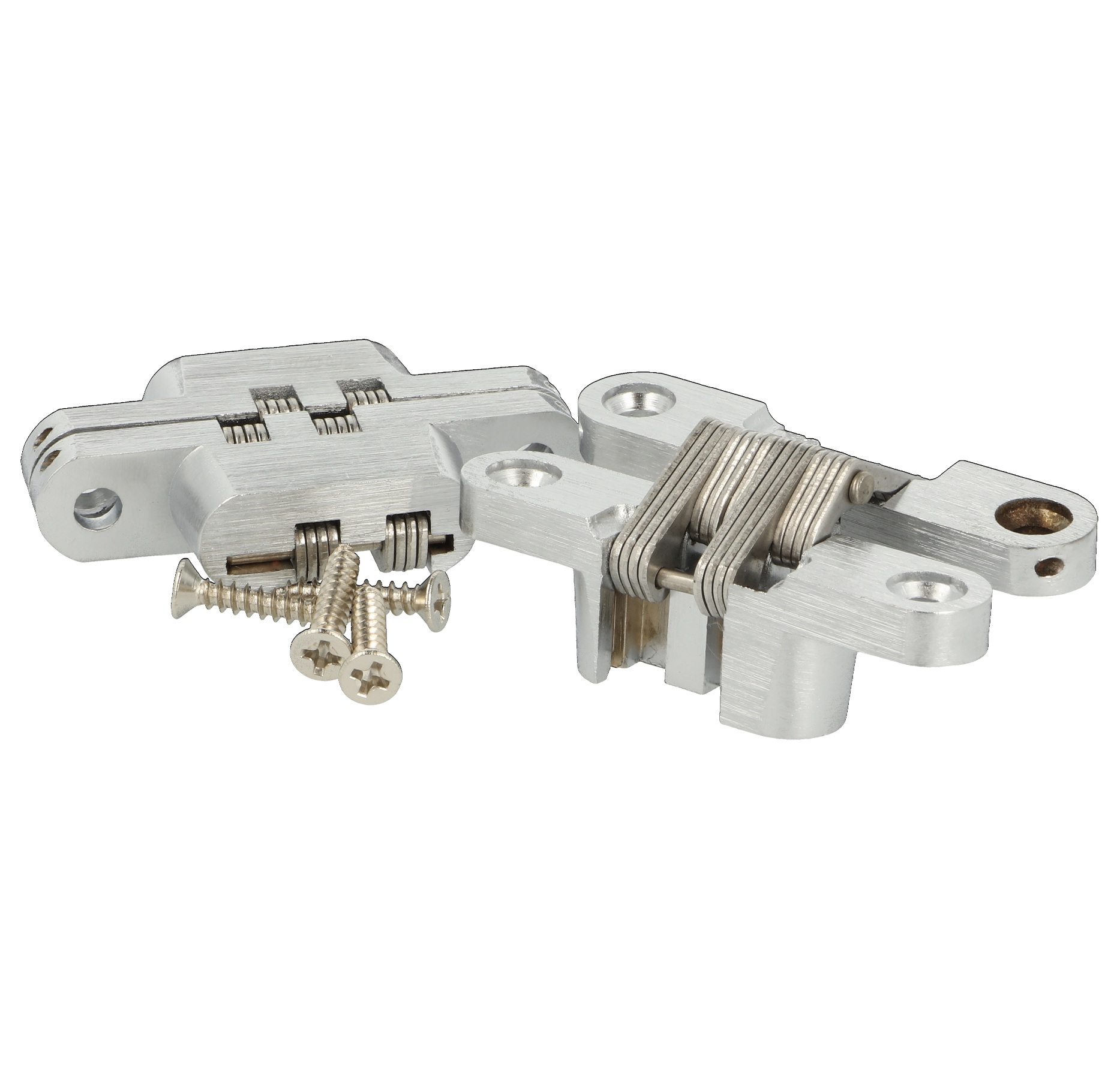 2 pieces high quality invisible cross hinges 60 x 13mm made of zamak,  stainless steel look, incl. Screws. Concealed furniture hinge from UMAXO®,  180° foldable. Hidden furniture hinge (vici hinge) to let in