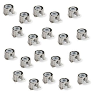 20 pieces of stable eccentric connection ⌀20 mm with flange and claw outer jacket for plate thickness 16 mm (5/8"), made of Zamak, 8470907. Robust eccentric connector for furniture connection and much more, by EMUCA