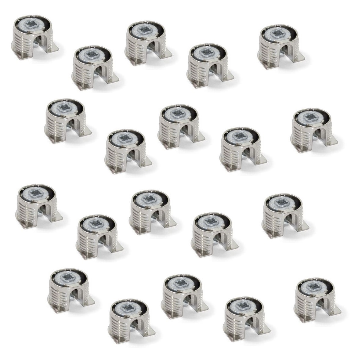 20 pieces of stable eccentric connection ⌀20 mm with flange and claw outer jacket for plate thickness 16 mm (5/8"), made of Zamak, 8470907. Robust eccentric connector for furniture connection and much more, by EMUCA