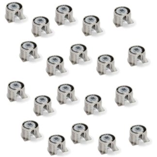 20 pieces of stable eccentric connection ⌀20 mm with flange and claw outer jacket for plate thickness 19 mm (3/4"), made of Zamak, 8070907. Robust eccentric connector for furniture connection and much more, by EMUCA