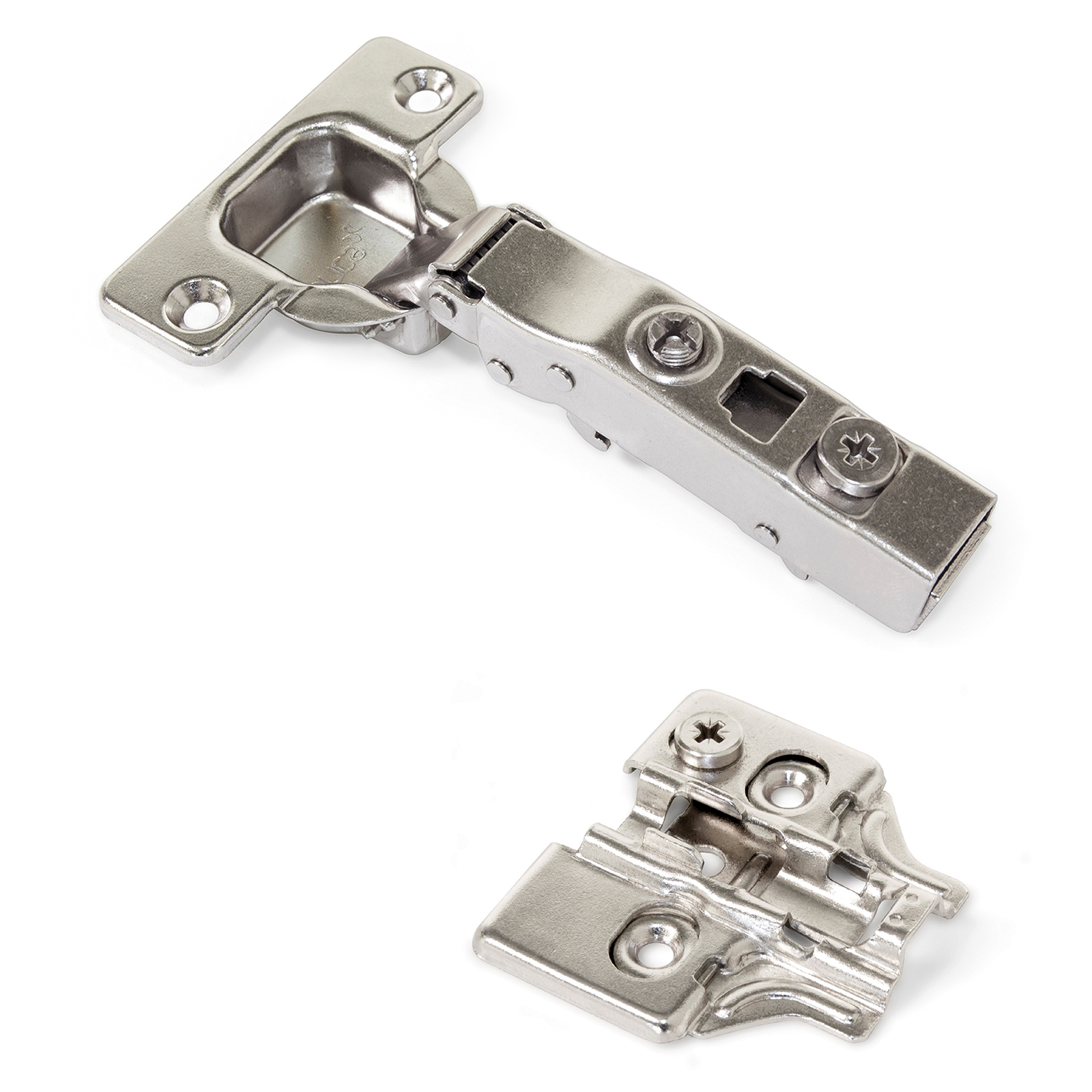 Cup hinge, soft-close, clip-on mounting, 3D adjustable, incl. mounting plate, surface: nickel-plated, version: surface-mounted, 1040007. pot hinge for furniture, cabinets and much more, by EMUCA