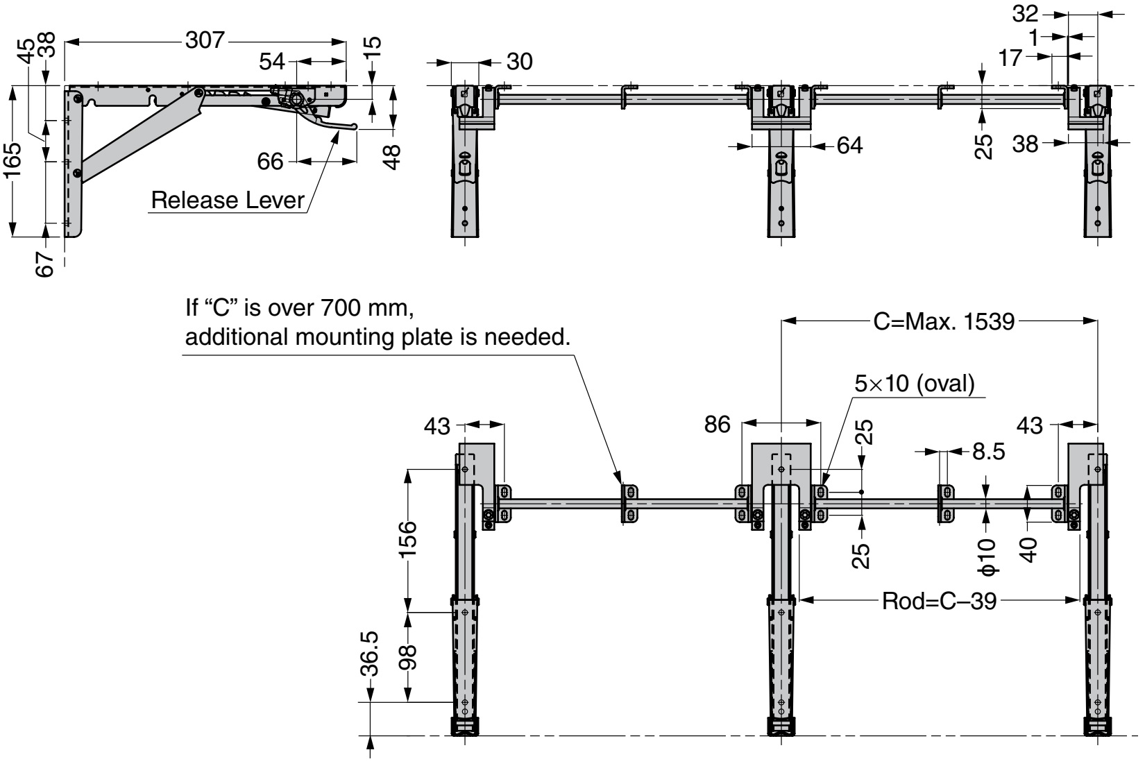 Practical connecting rod, version: for three folding brackets, EB-907561 and EB-907572. One-handed connection lever for Robust Soft by ROCA and EB-DA folding console, by Sugatsune / LAMP® (Japan) - Image 3